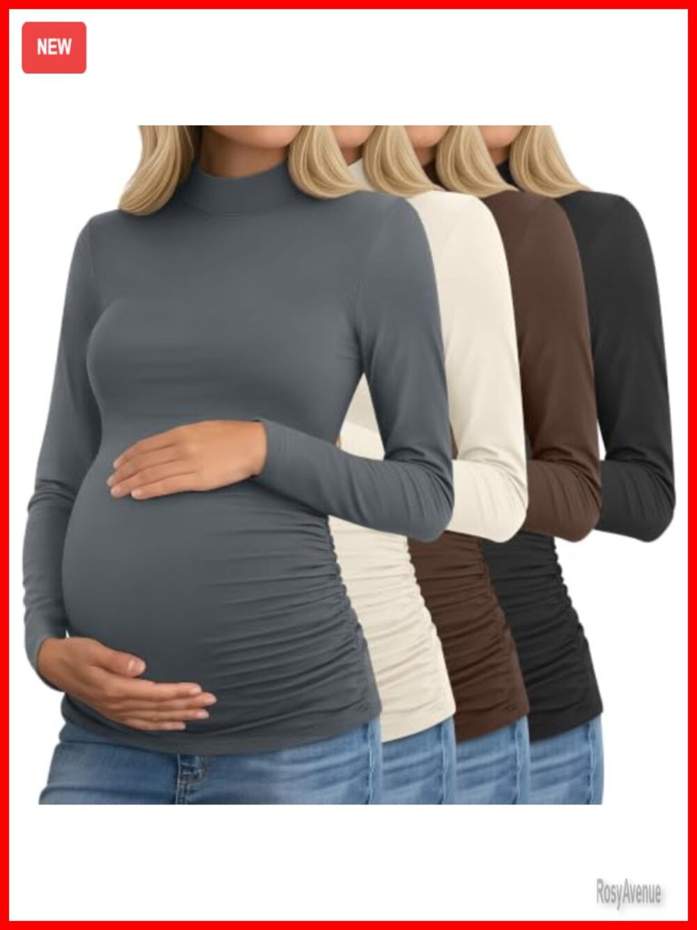 Women's Maternity Turtleneck Long Sleeve Shirts 4 Pack Slim Fit Ruched